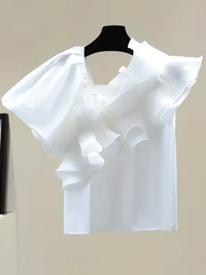 Irregular Collar Ruffle Trim T Shirt