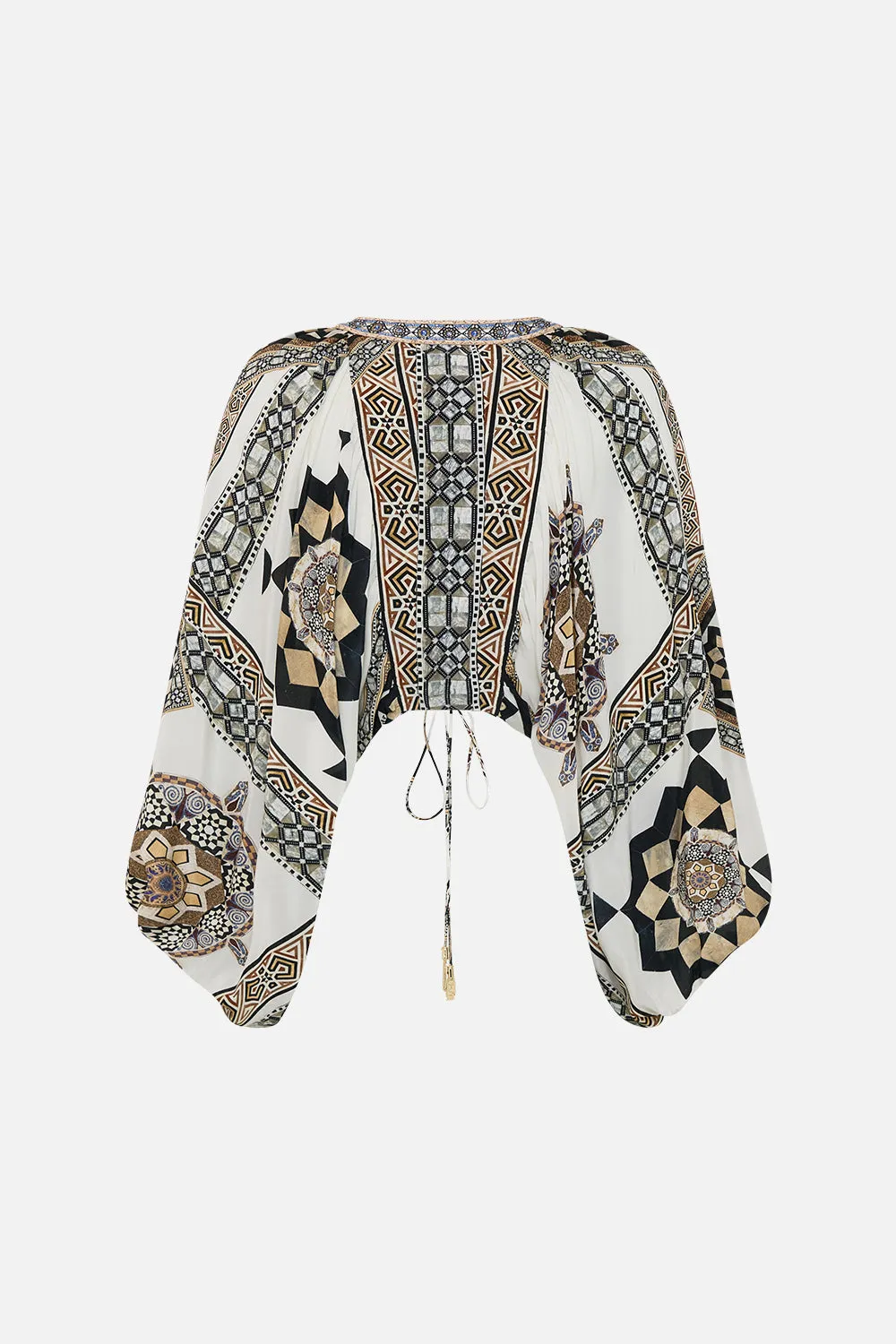 LACE UP FRONT BLOUSON SLEEVE BLOUSE TILE STYLE