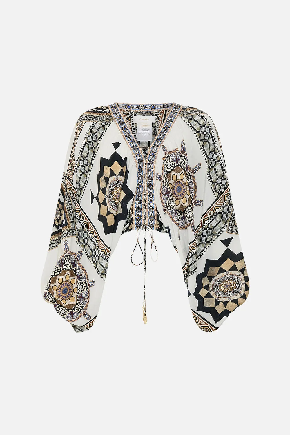 LACE UP FRONT BLOUSON SLEEVE BLOUSE TILE STYLE
