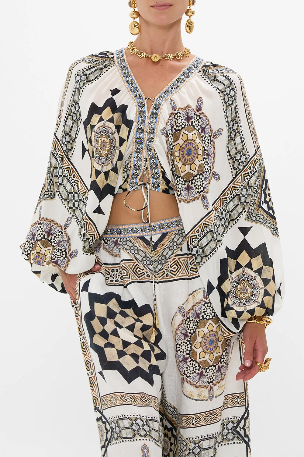 LACE UP FRONT BLOUSON SLEEVE BLOUSE TILE STYLE