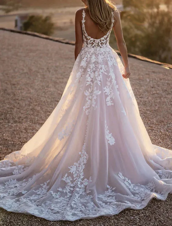 Luolandi Beach Formal Wedding Dresses A-Line Square Neck Sleeveless Sweep / Brush Train Lace Bridal Gowns with Appliques