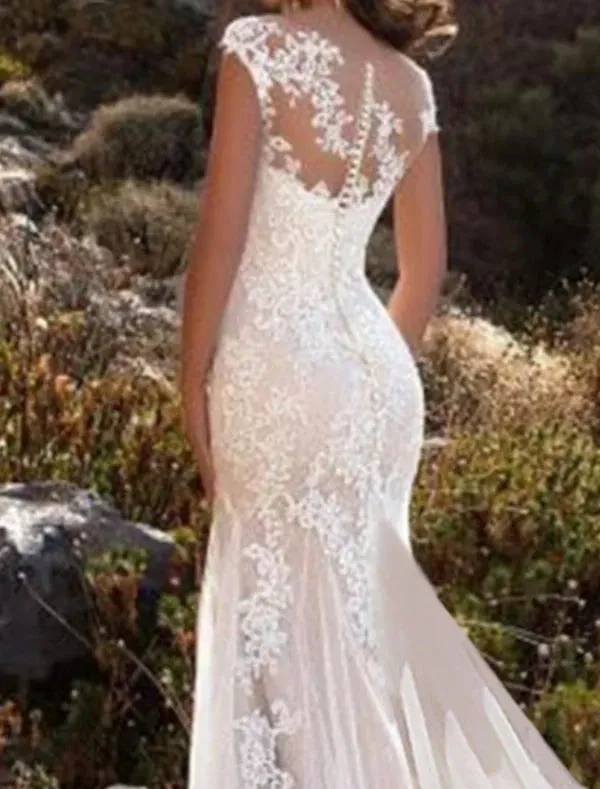 Luolandi Engagement Formal Wedding Dresses Mermaid / Trumpet Illusion Neck Cap Sleeve Chapel Train Lace Bridal Gowns With Lace Appliques