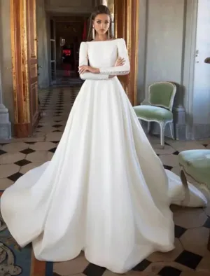 Luolandi Formal Wedding Dresses Ball Gown Scoop Neck Long Sleeve Court Train Satin Bridal Gowns With Buttons