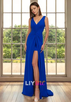 M1273 - V-Neck Sleeveless Pleated High Slit Mother of Bride Dress Cocktail Dress