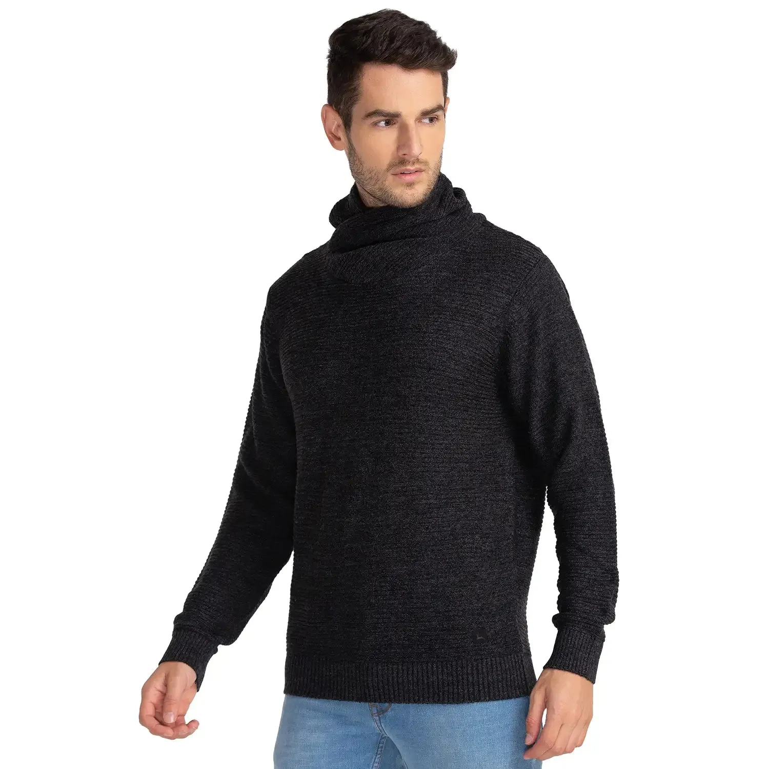 Men Black Solid Acrylic Cowl Neck Collar Sweaters