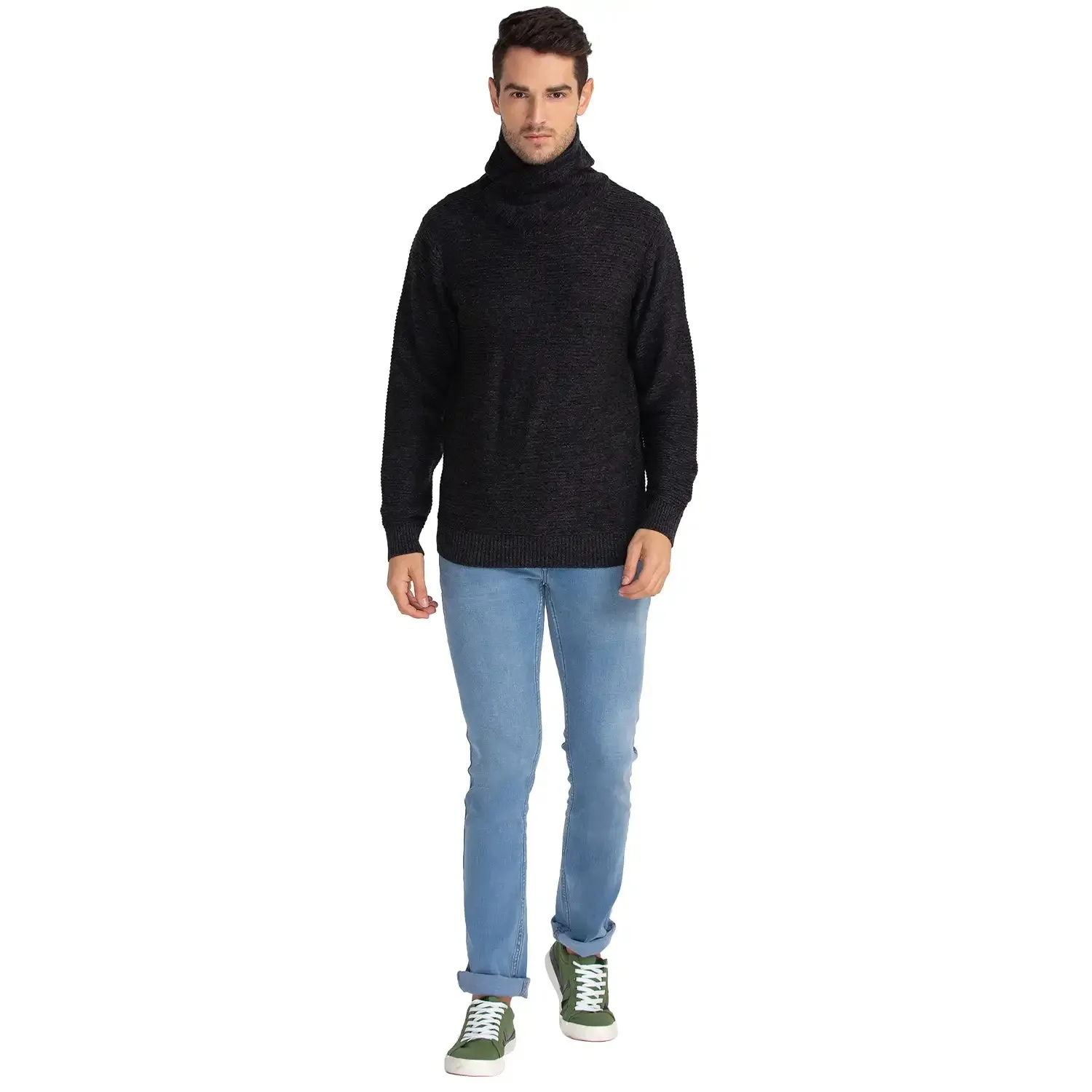 Men Black Solid Acrylic Cowl Neck Collar Sweaters