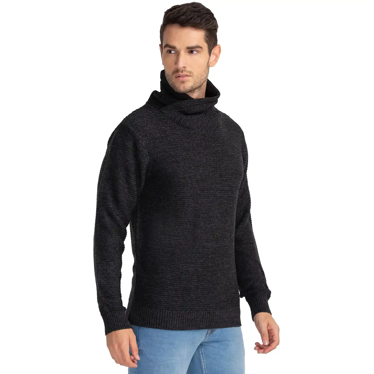 Men Black Solid Acrylic Cowl Neck Collar Sweaters