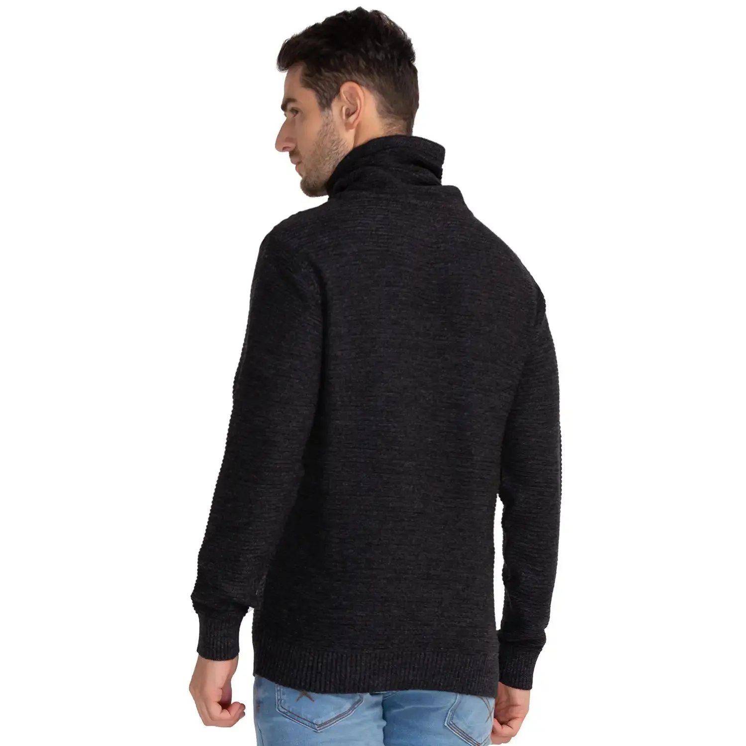 Men Black Solid Acrylic Cowl Neck Collar Sweaters