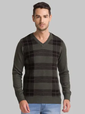 Men Green Checks Acrylic Blend Full Sleeve Sweaters