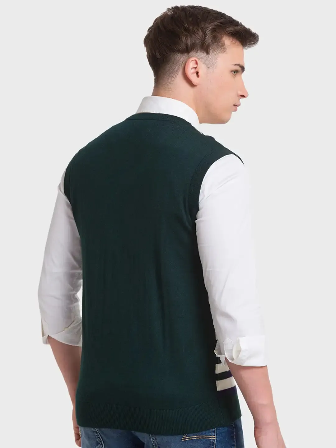 Men Green Classic Fit Stripe Acrylic Blend Sleeveless Sweaters