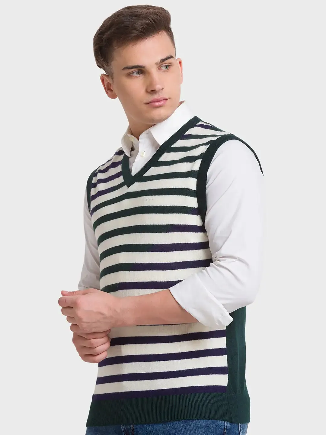 Men Green Classic Fit Stripe Acrylic Blend Sleeveless Sweaters