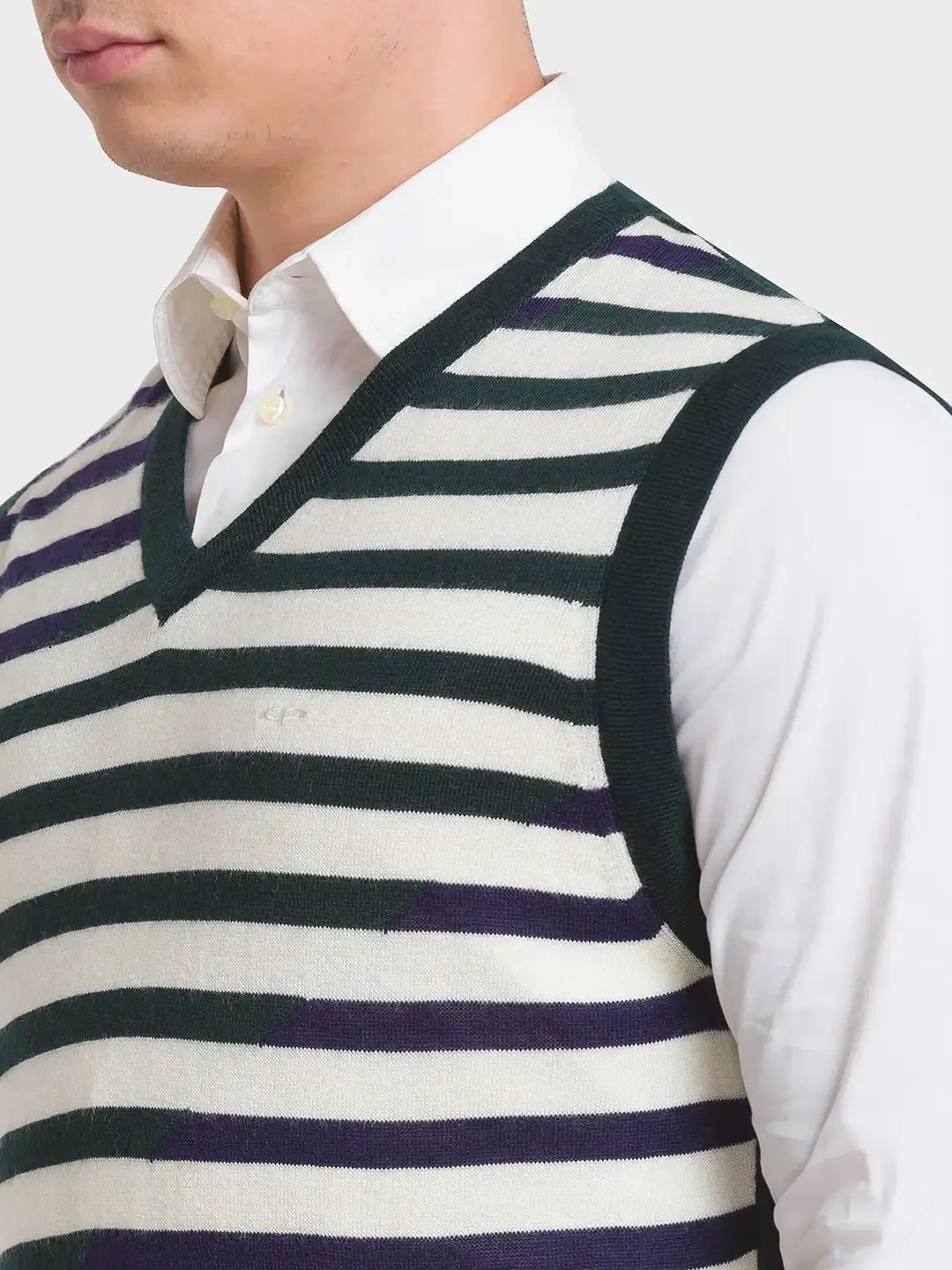 Men Green Classic Fit Stripe Acrylic Blend Sleeveless Sweaters