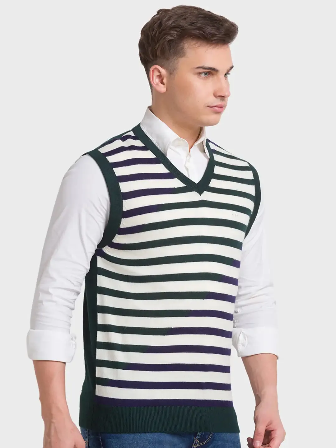 Men Green Classic Fit Stripe Acrylic Blend Sleeveless Sweaters