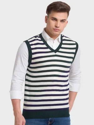 Men Green Classic Fit Stripe Acrylic Blend Sleeveless Sweaters