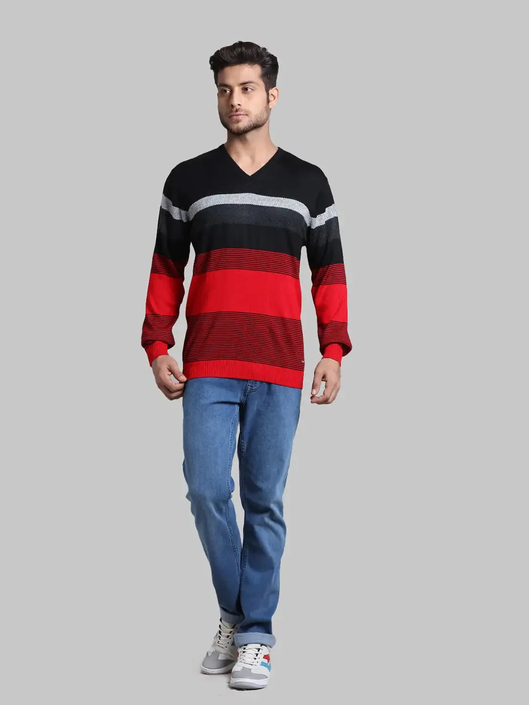 Men Red Regular Fit Stripe Acrylic Blend Full Sleeve V Neck Collar Sweaters