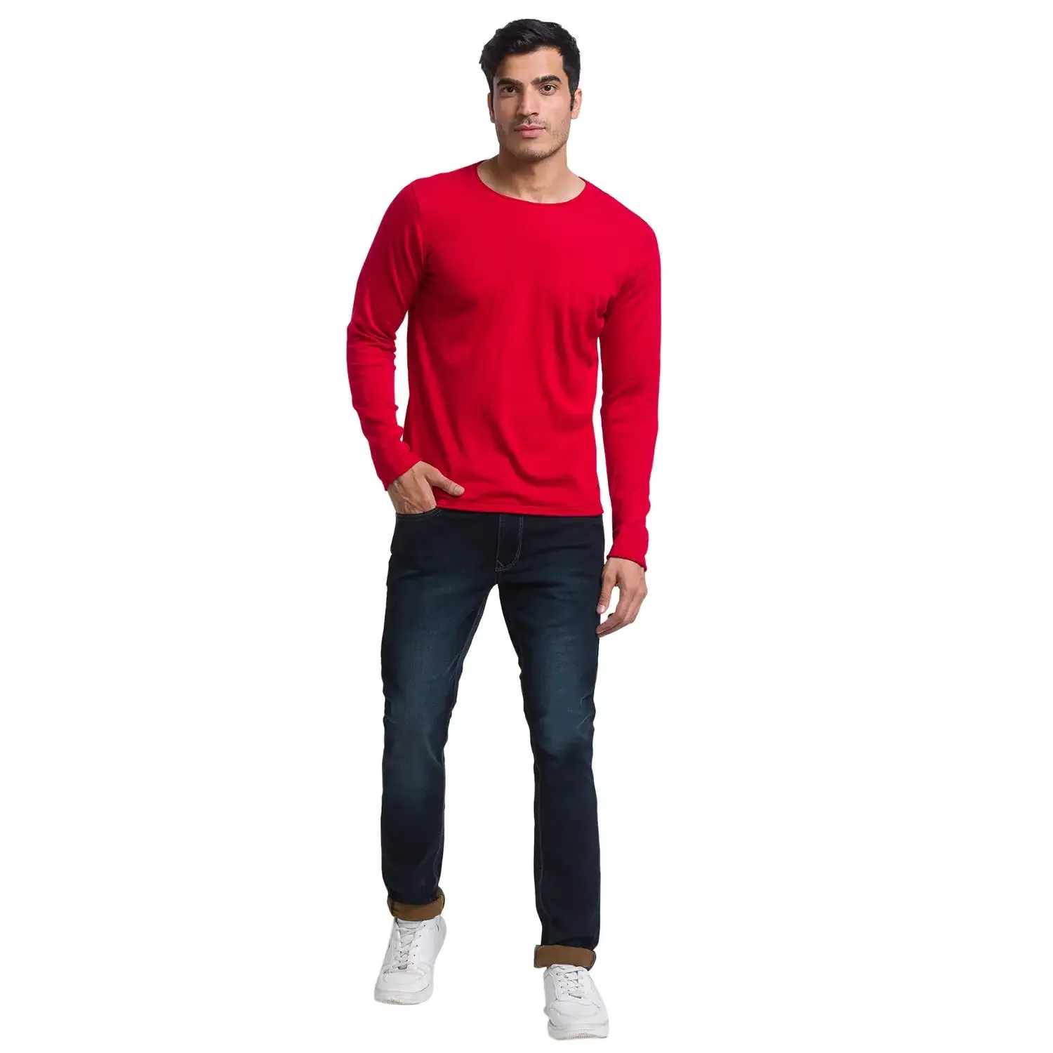 Men Red Solid Cotton Full Sleeve Sweaters