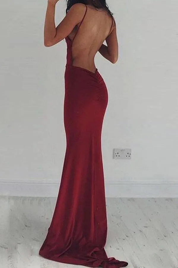 Mermaid Deep V-Neck Backless Burgundy Satin Prom Dress  PG437