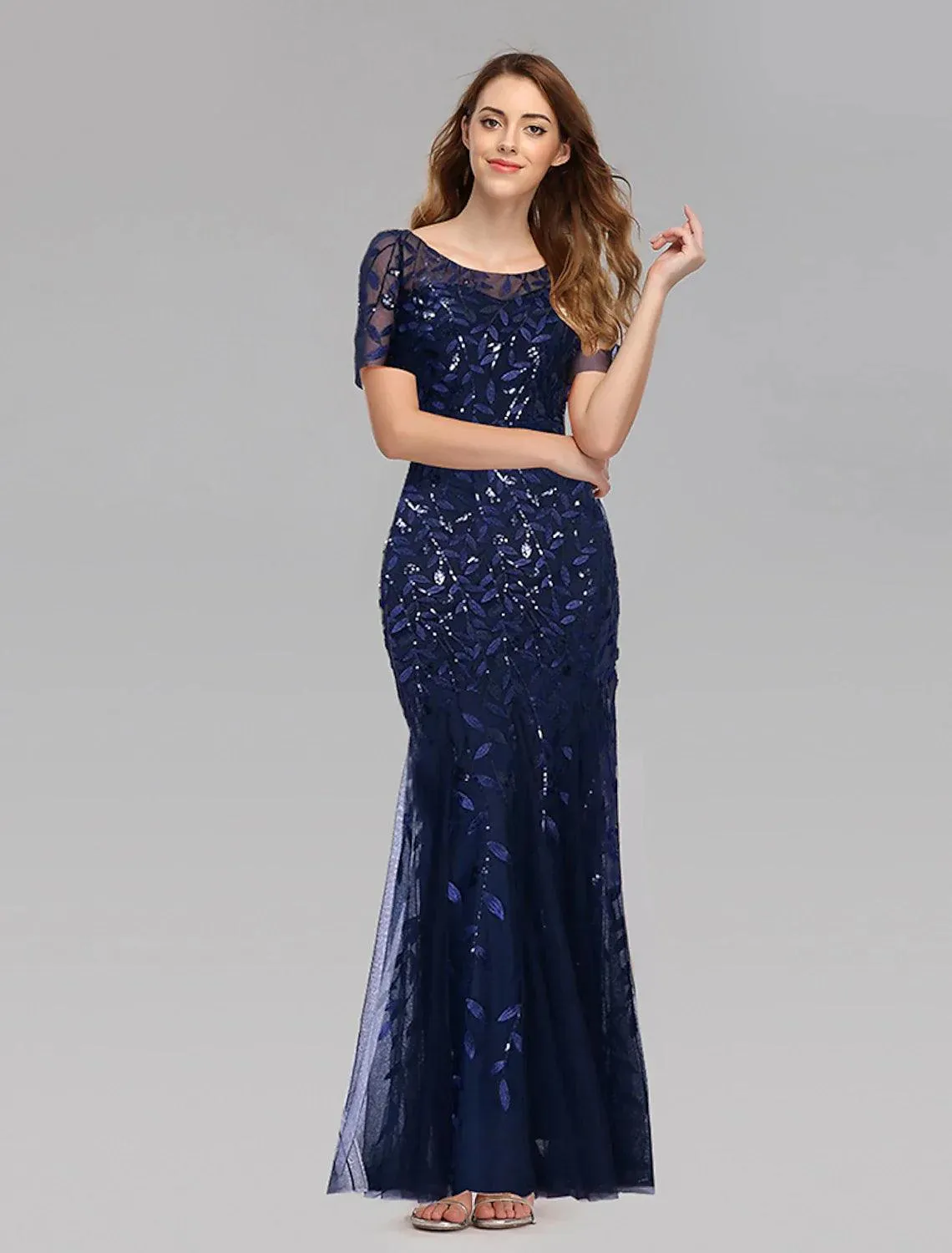 Mermaid / Trumpet Evening Gown Empire Dress Prom Formal Evening Floor Length Short Sleeve Jewel Neck Fall Wedding Guest Tulle with Embroidery