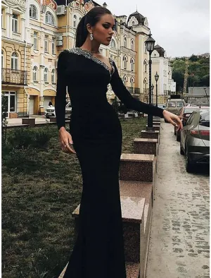 Mermaid / Trumpet Evening Gown Open Back Dress Wedding Guest Engagement Floor Length Long Sleeve V Neck Stretch Fabric with Crystals Beading
