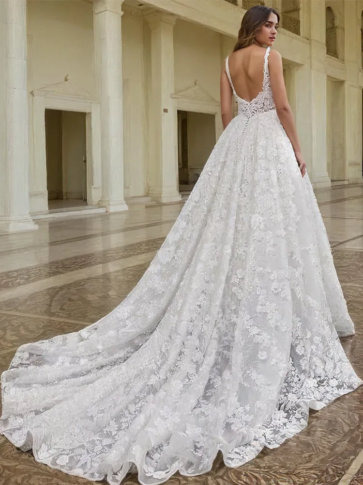 New Arrival Lace Appliques Ivory Spaghetti Straps Wedding Gown
