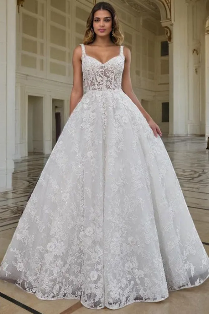 New Arrival Lace Appliques Ivory Spaghetti Straps Wedding Gown