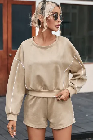 Outfit Set Casual Cropped Sweater and Shorts Two Piece Set Khaki Nude Loungewear
