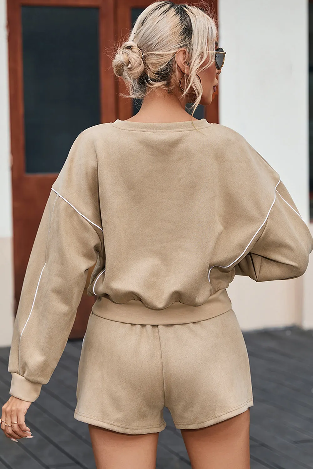 Outfit Set Casual Cropped Sweater and Shorts Two Piece Set Khaki Nude Loungewear