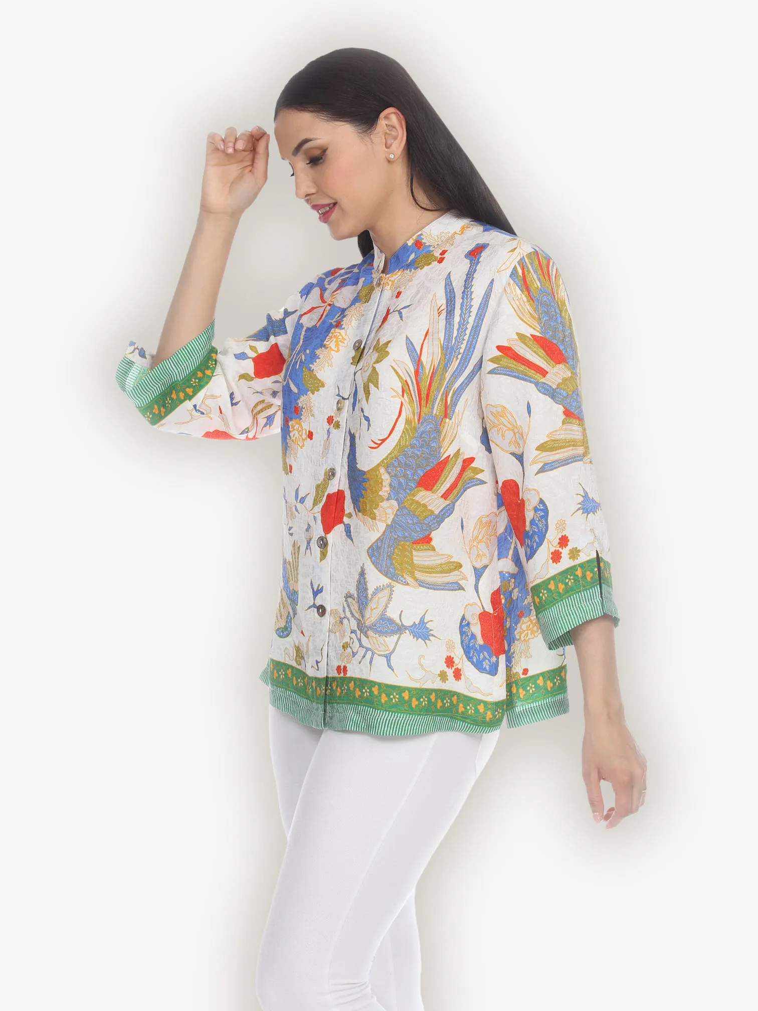 Peacock Floral Border Silk Blend Blouse