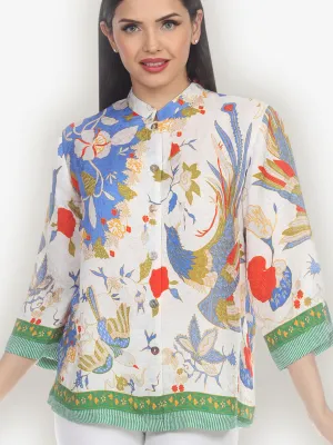 Peacock Floral Border Silk Blend Blouse