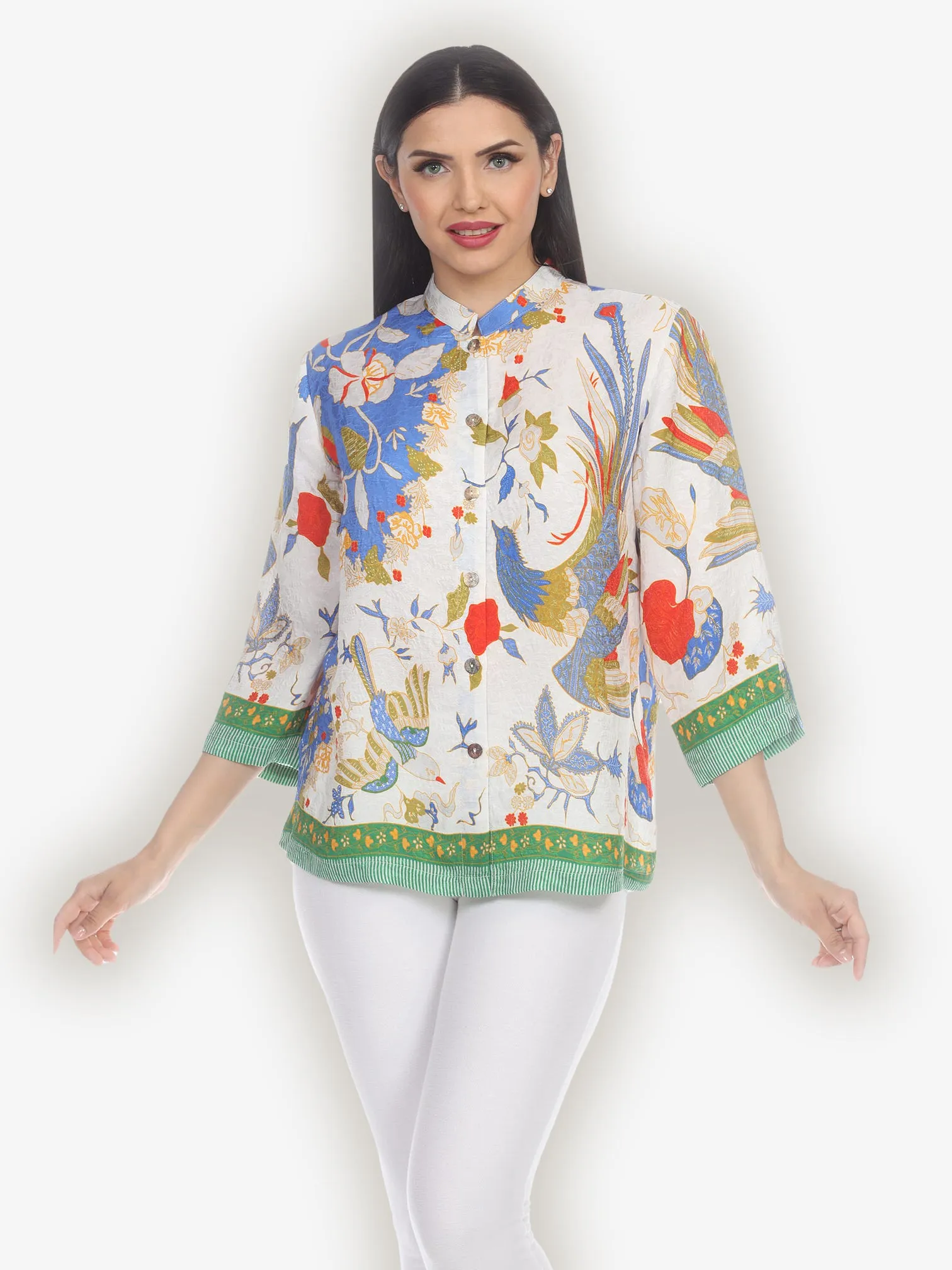 Peacock Floral Border Silk Blend Blouse