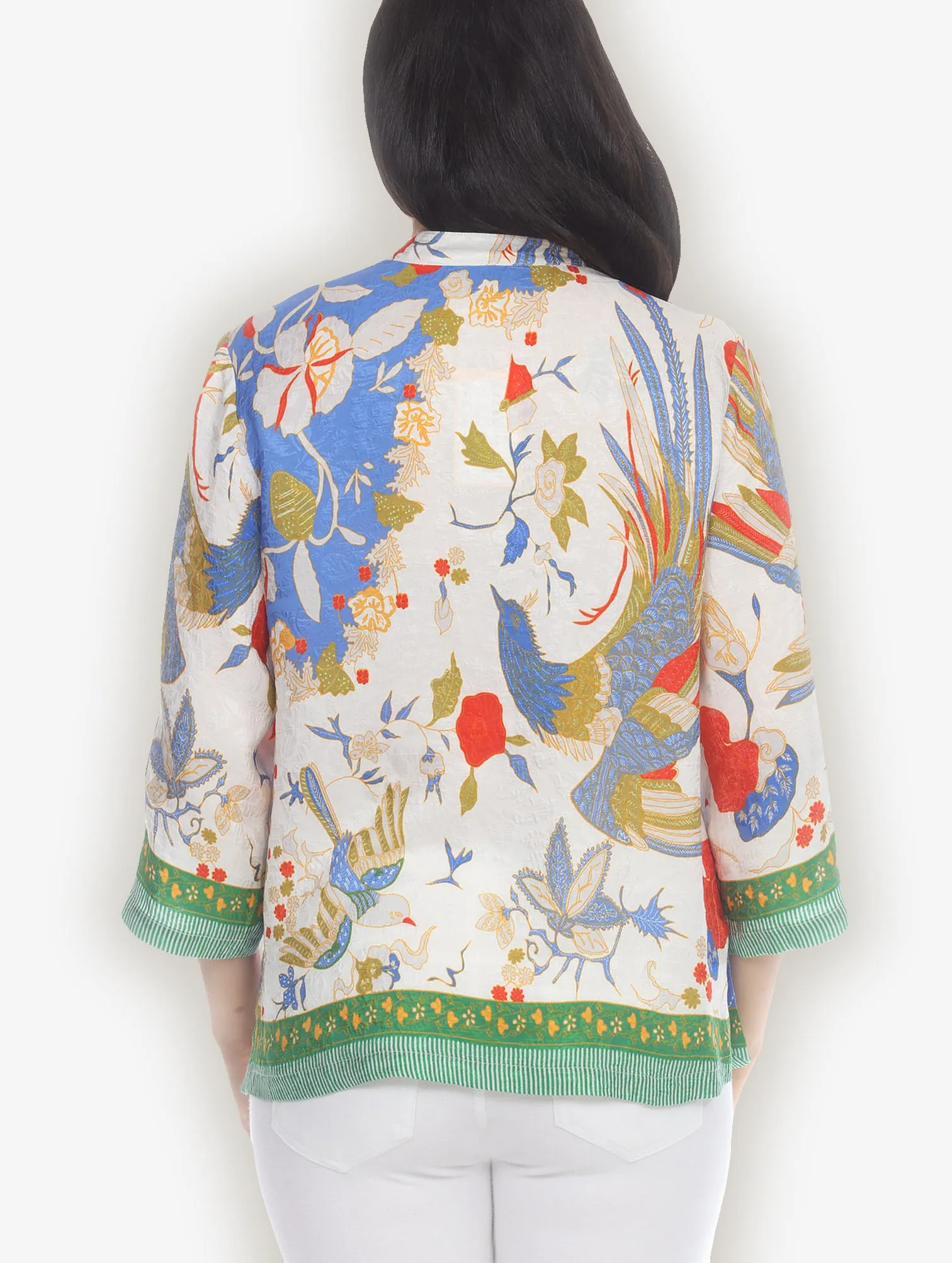 Peacock Floral Border Silk Blend Blouse