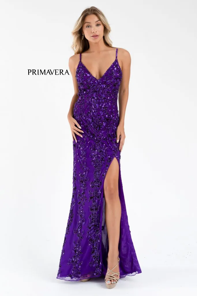 Primavera Couture 3749 Size 6 Neon Pink Sequined Prom Dress V Neckline Sweeping Train Evening Gown