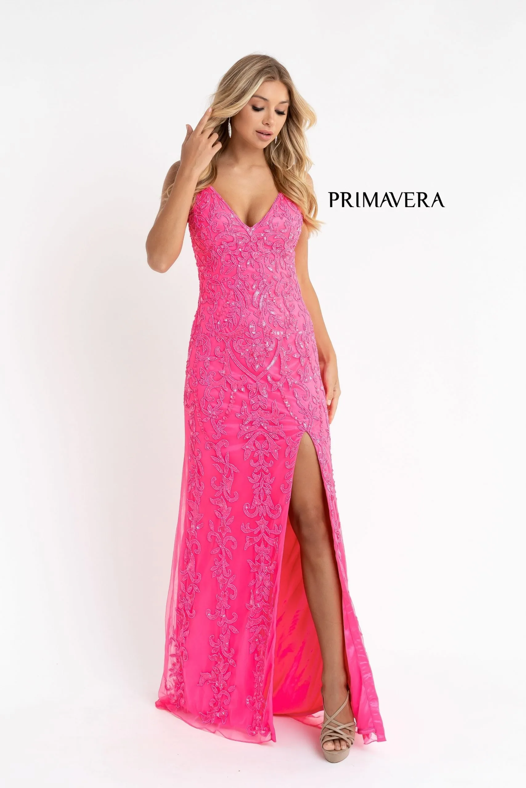 Primavera Couture 3749 Size 6 Neon Pink Sequined Prom Dress V Neckline Sweeping Train Evening Gown