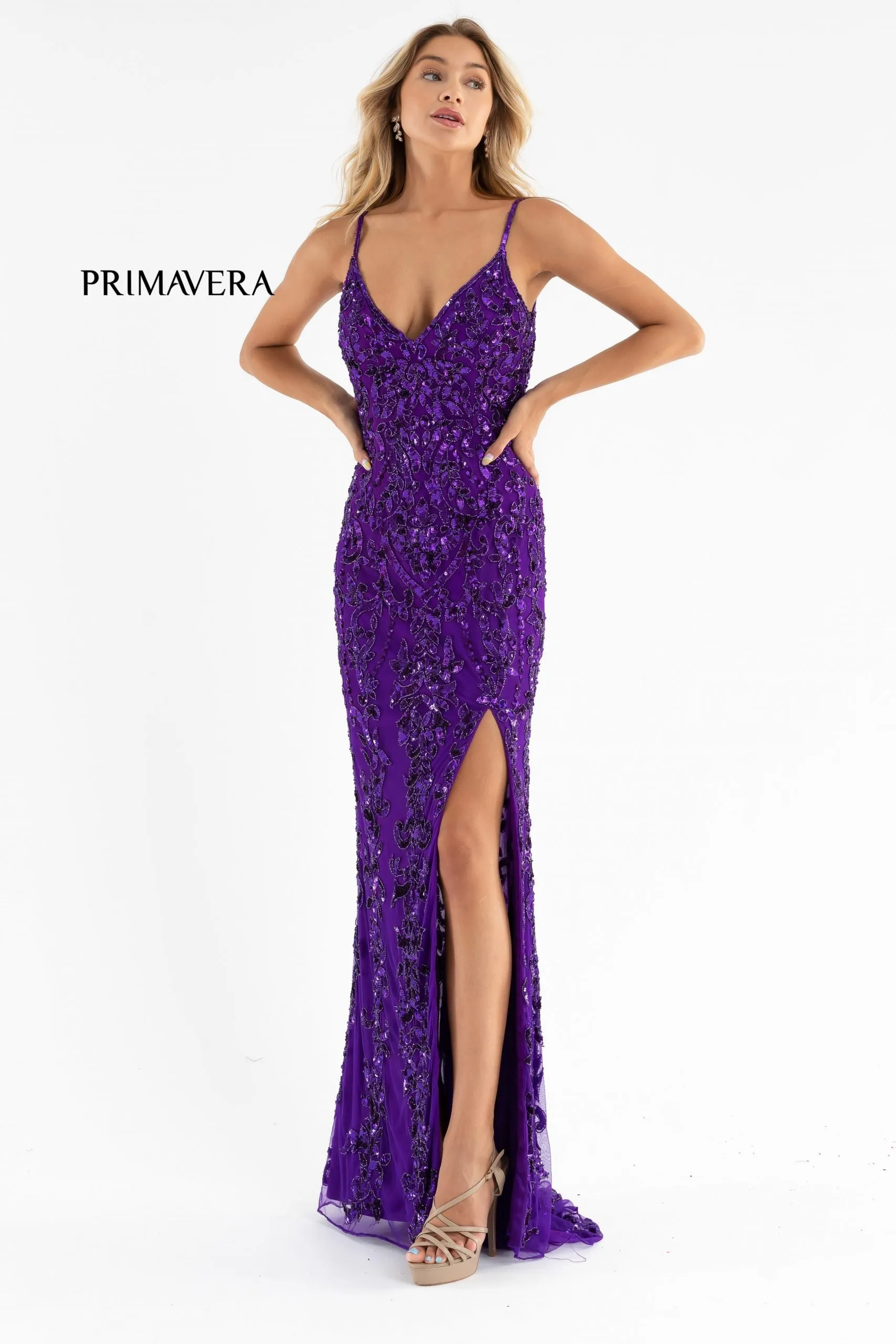 Primavera Couture 3749 Size 6 Neon Pink Sequined Prom Dress V Neckline Sweeping Train Evening Gown