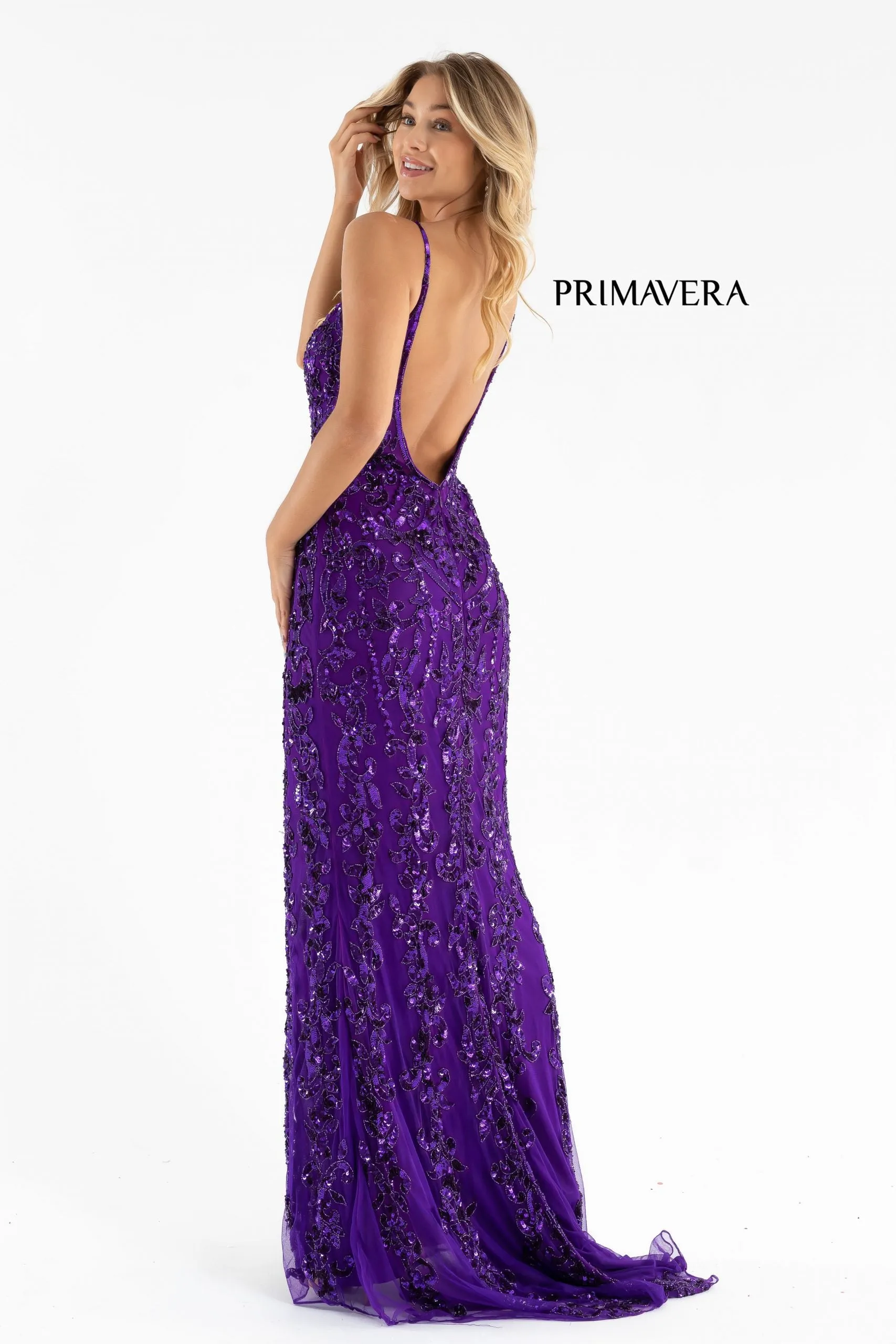 Primavera Couture 3749 Size 6 Neon Pink Sequined Prom Dress V Neckline Sweeping Train Evening Gown