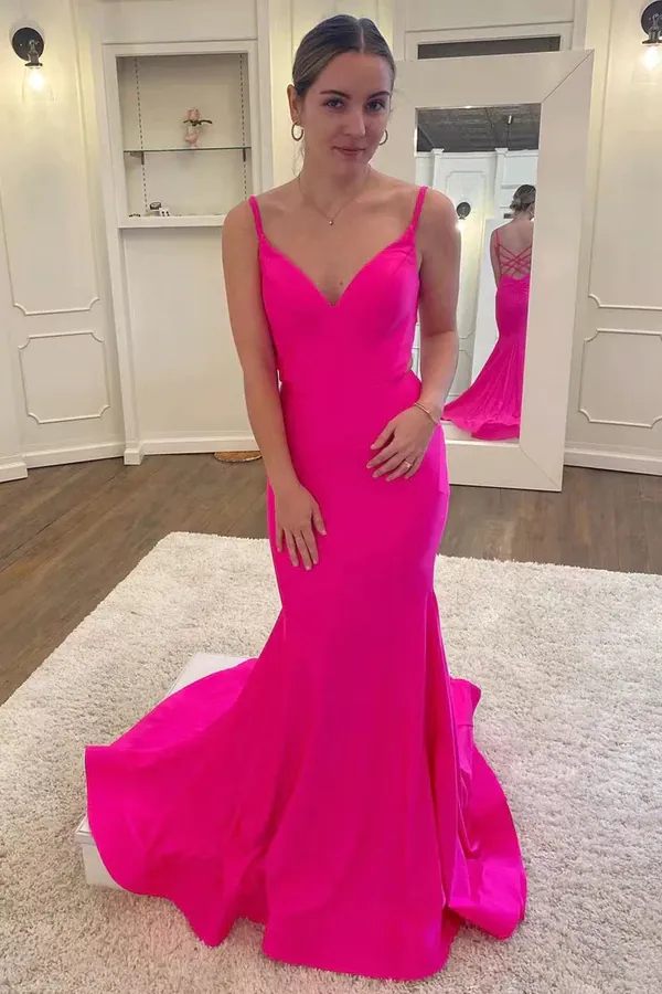Promfast Hot Pink Satin V Neck Backless Mermaid Prom Dress,Formal Evening Gown PFP2242