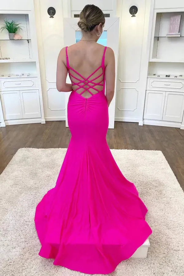 Promfast Hot Pink Satin V Neck Backless Mermaid Prom Dress,Formal Evening Gown PFP2242