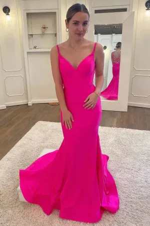 Promfast Hot Pink Satin V Neck Backless Mermaid Prom Dress,Formal Evening Gown PFP2242