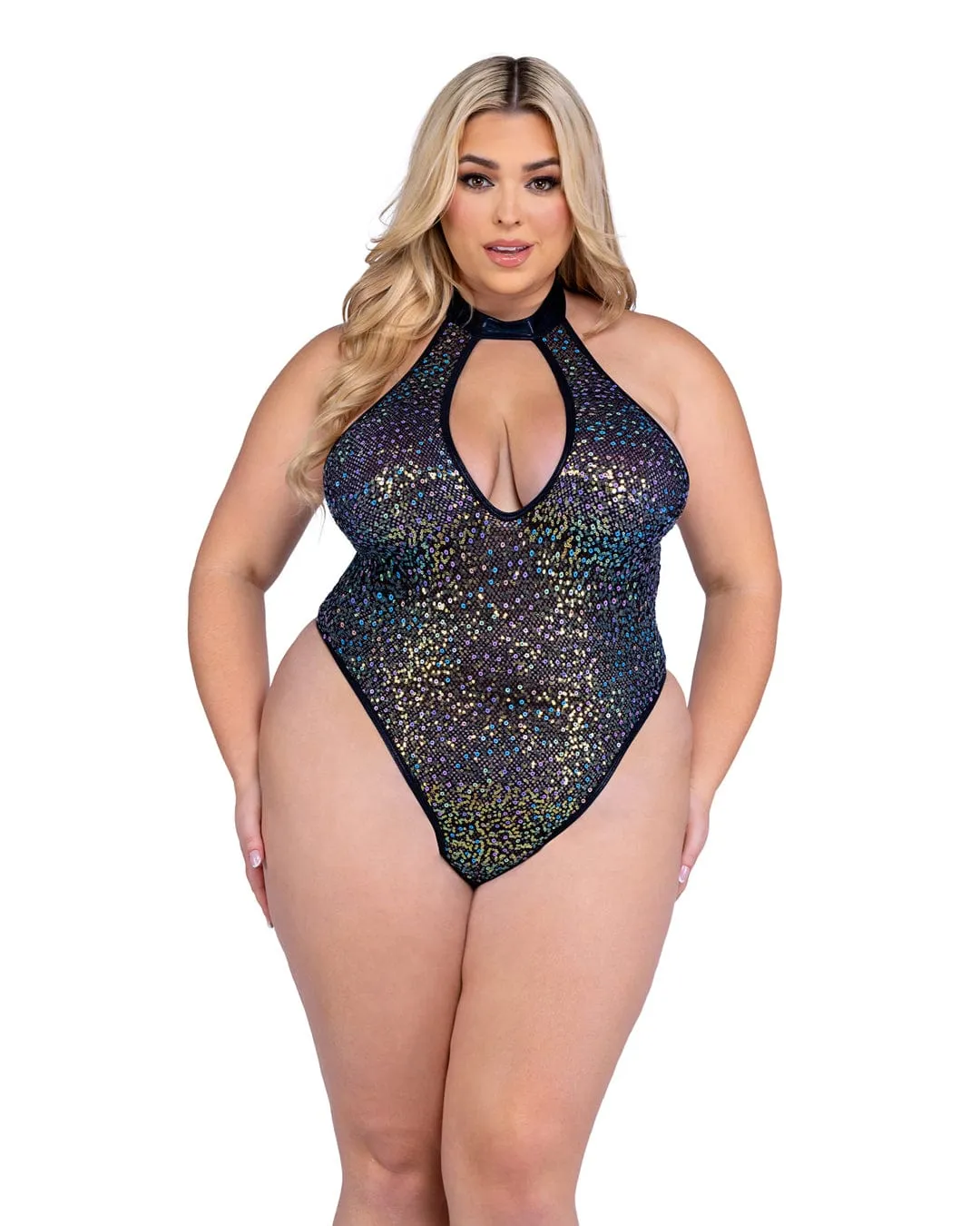 Sexy Black Sequin Fishnet Keyhole Romper