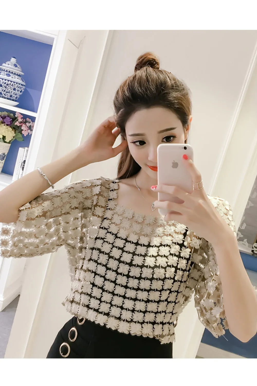 Sexy Hollow Lace Elegant Blouse Shirt