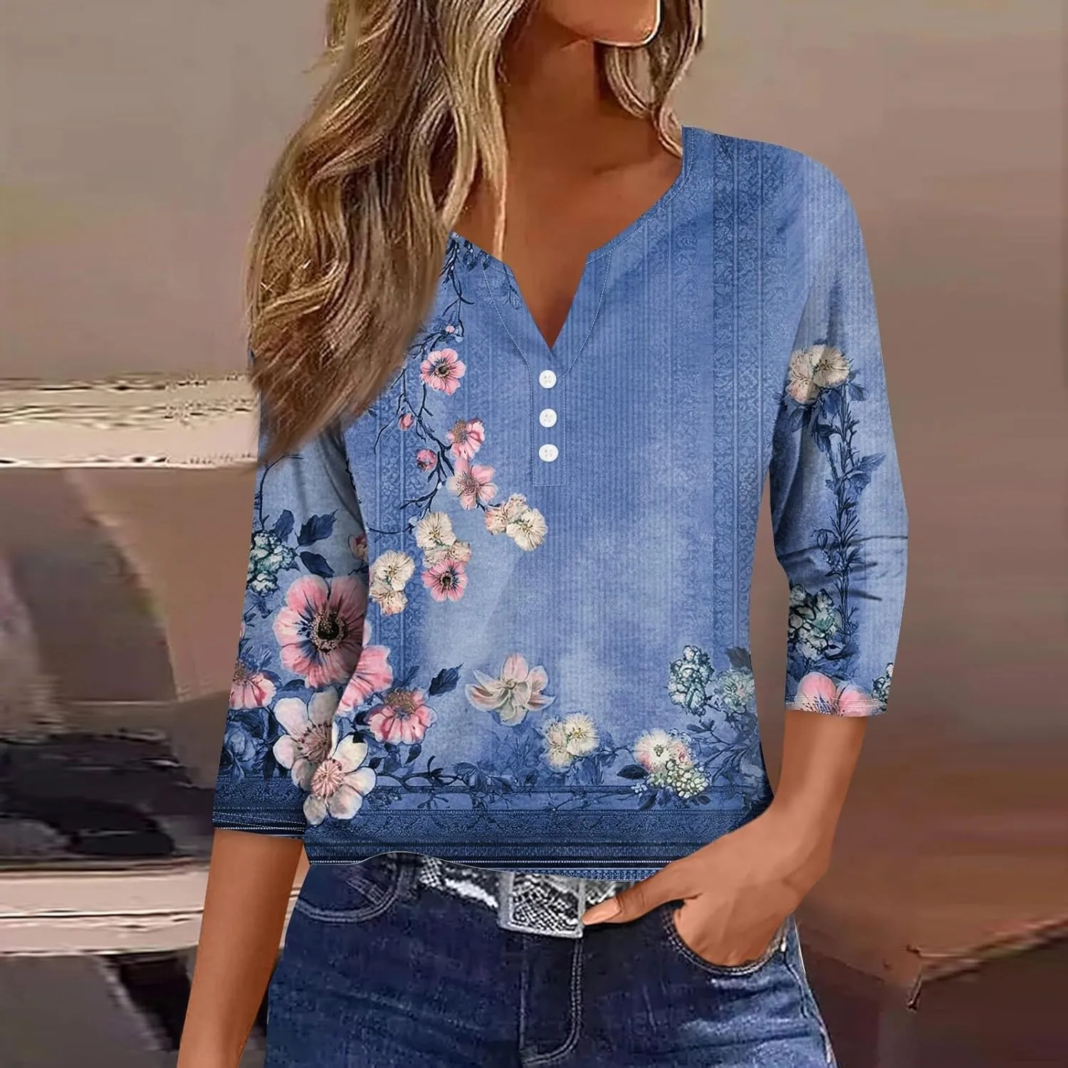 Summer Tops for Women 2025 Dressy Casual Boho 3/4 Sleeve Tunics Loose Fit T Shirts Trendy V Neck Button Down Blouses