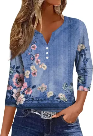 Summer Tops for Women 2025 Dressy Casual Boho 3/4 Sleeve Tunics Loose Fit T Shirts Trendy V Neck Button Down Blouses
