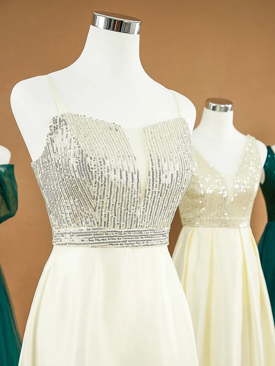 Sweet Double V Neck A-Line Satin Prom Dress with Sequin