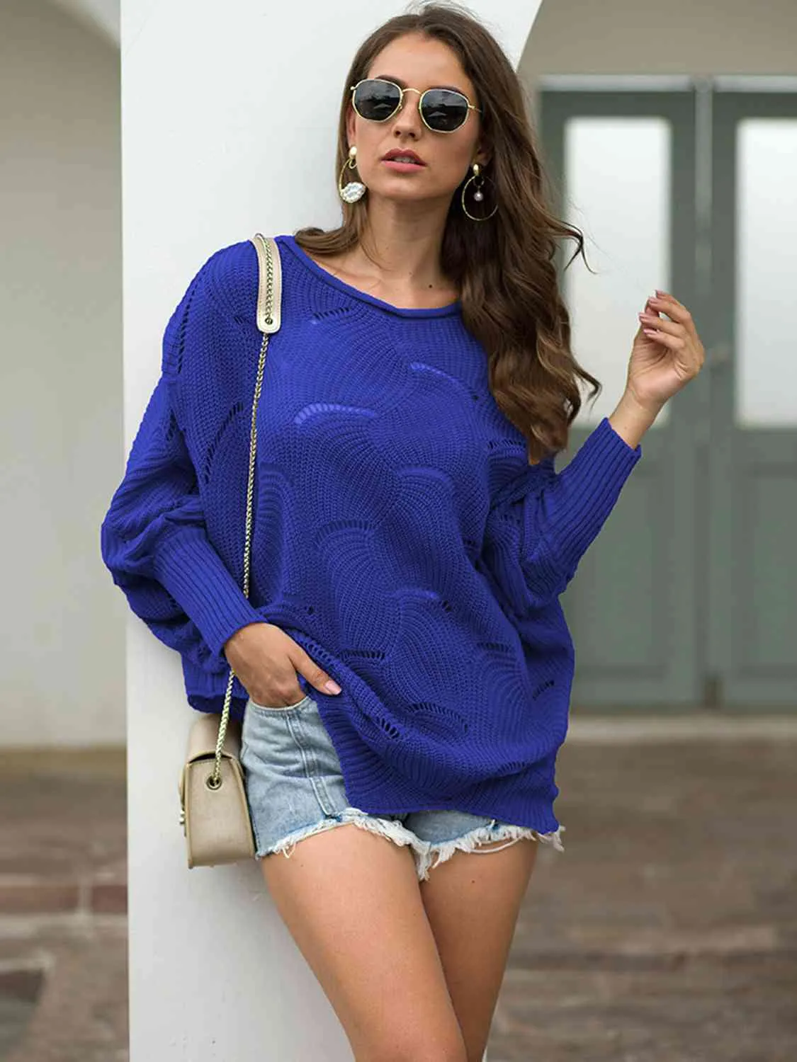Trudy Boat Neck Lantern Sleeve Openwork Knit Top