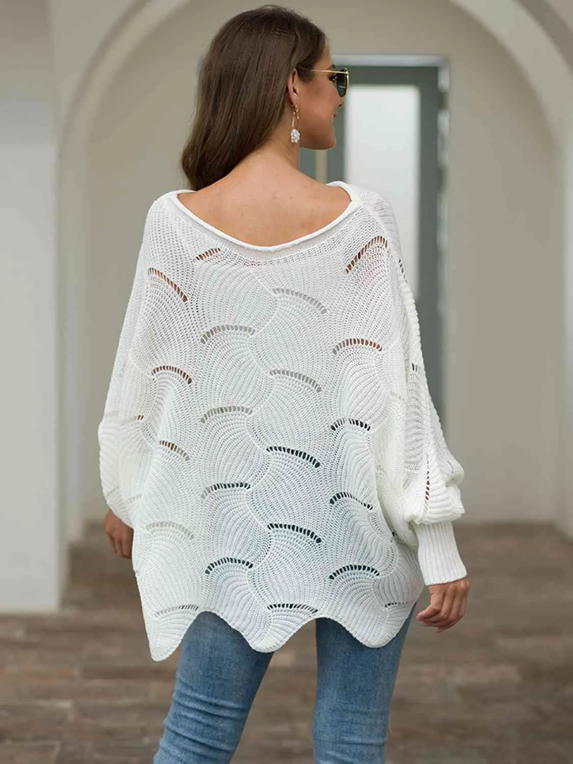 Trudy Boat Neck Lantern Sleeve Openwork Knit Top