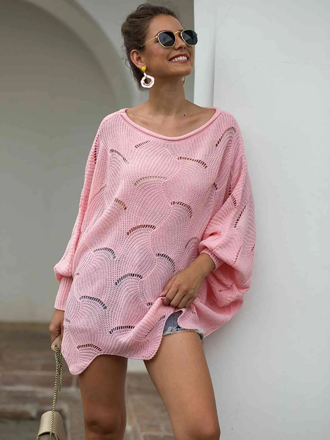 Trudy Boat Neck Lantern Sleeve Openwork Knit Top