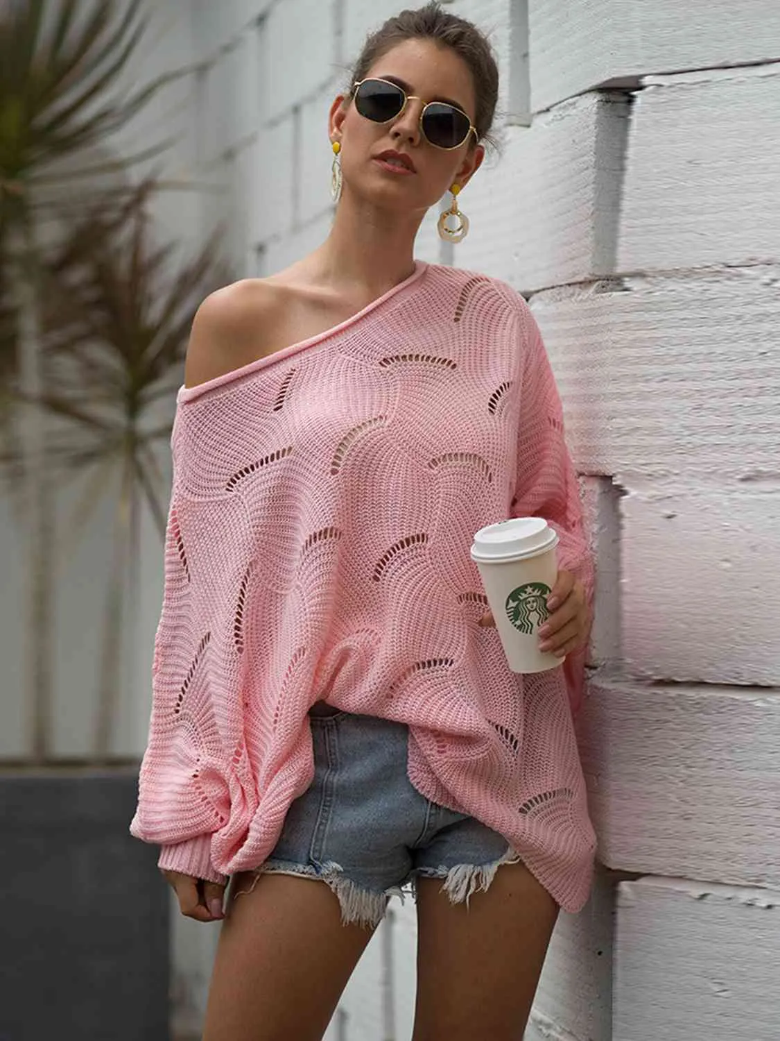 Trudy Boat Neck Lantern Sleeve Openwork Knit Top