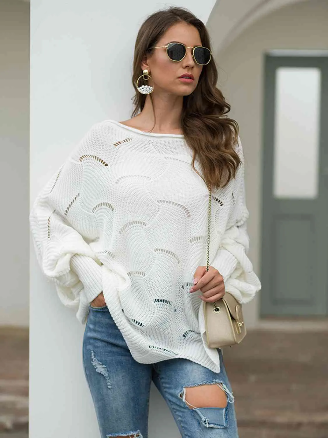Trudy Boat Neck Lantern Sleeve Openwork Knit Top