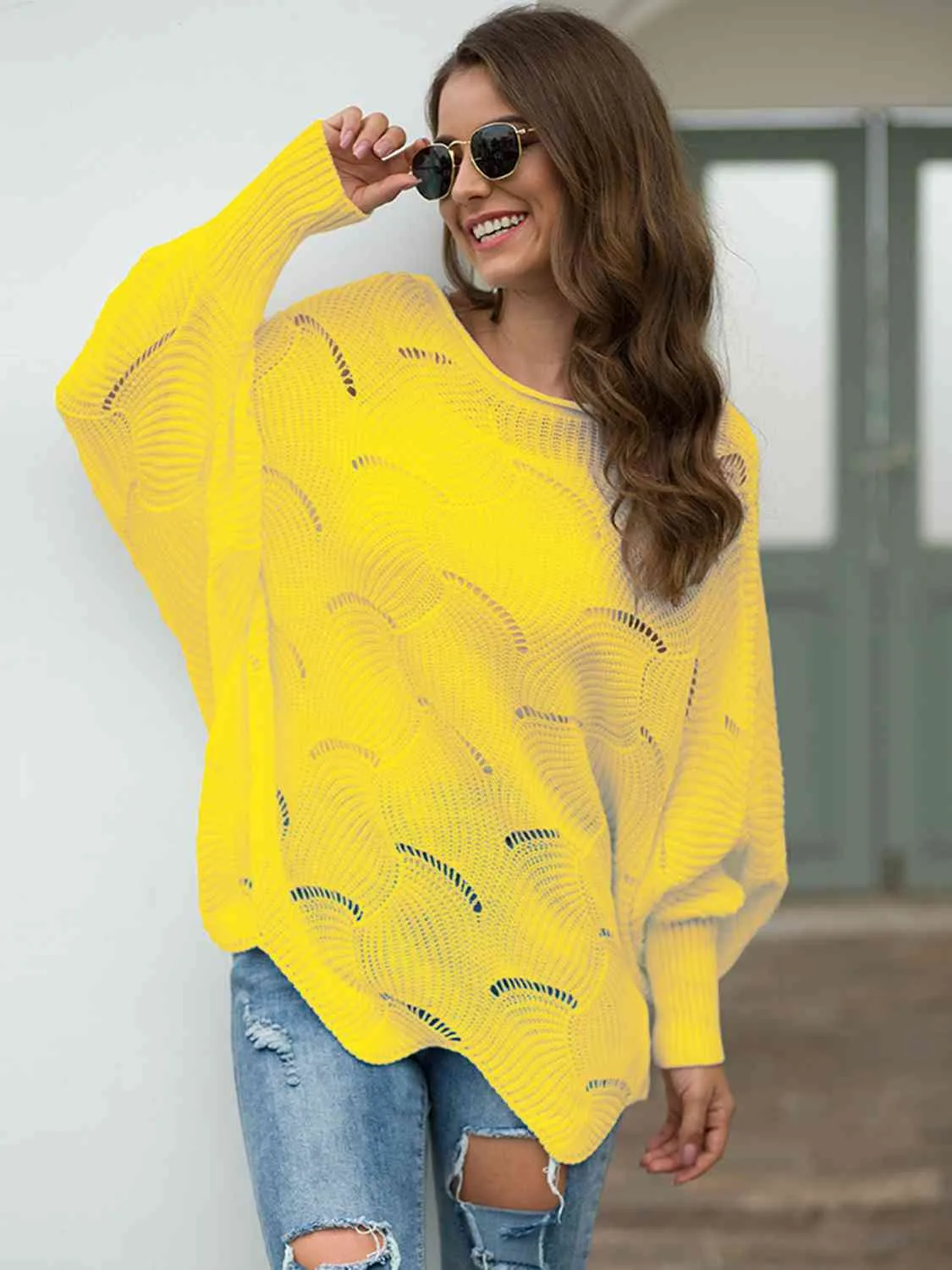Trudy Boat Neck Lantern Sleeve Openwork Knit Top