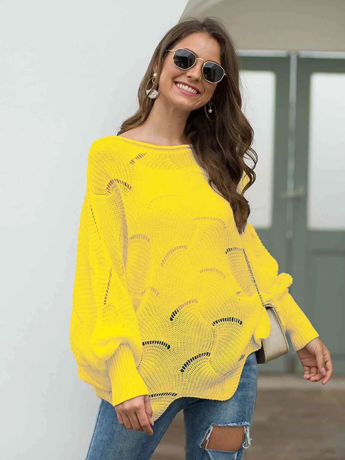 Trudy Boat Neck Lantern Sleeve Openwork Knit Top